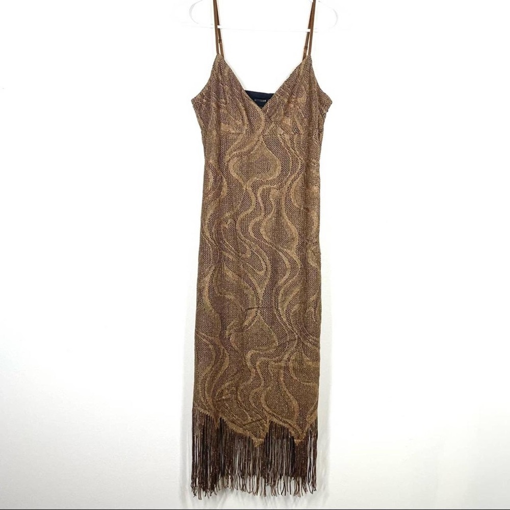 EXPRESS Gold Black Fringe Flapper Dress Vintage midi length